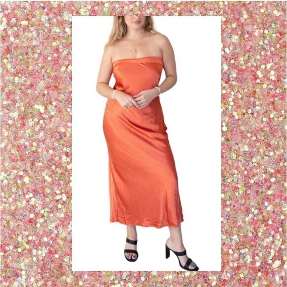Formal Melon Orange Strapless Empire Waist Mid Length Cocktail Evening Dress - Picture 1 of 9